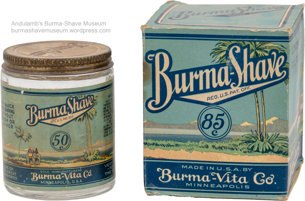 An 8-ounce paper-label jar of Burma-Shave shaving cream and the cardboard box that would have contained the one-pound paper label jar.